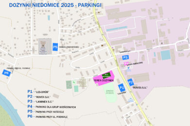 Plan parkingów na Dożynki Gminy Żabno w Niedomicach 16 sierpnia