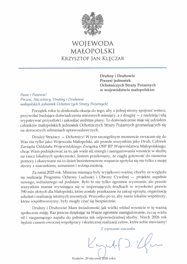 List Wojewody Małopolskiego do jednostek OSP